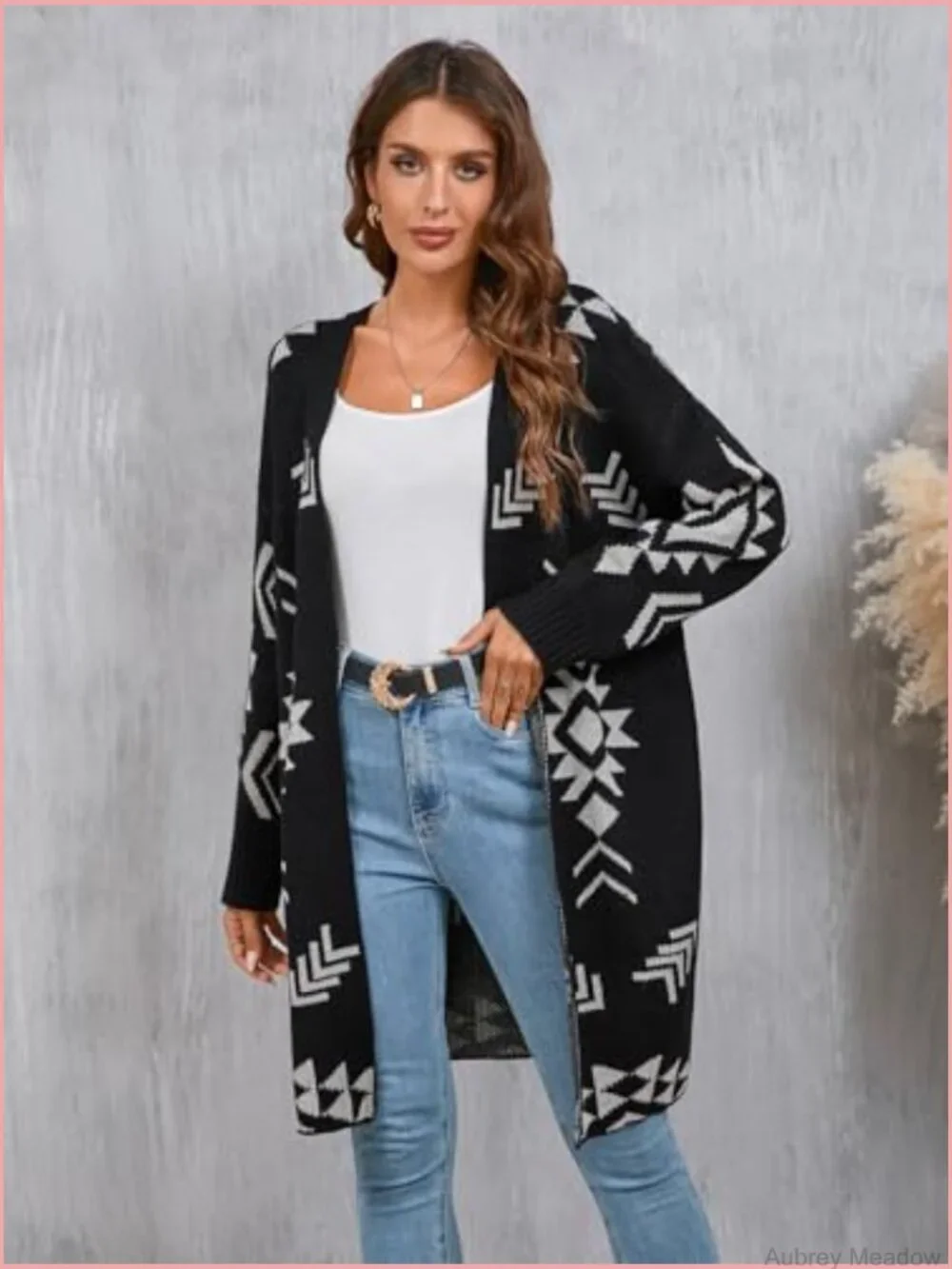 Womens Oversized Long Cardigan Open Front Fall Trendy Geometric Jacquard Knit - Picture 5 of 7